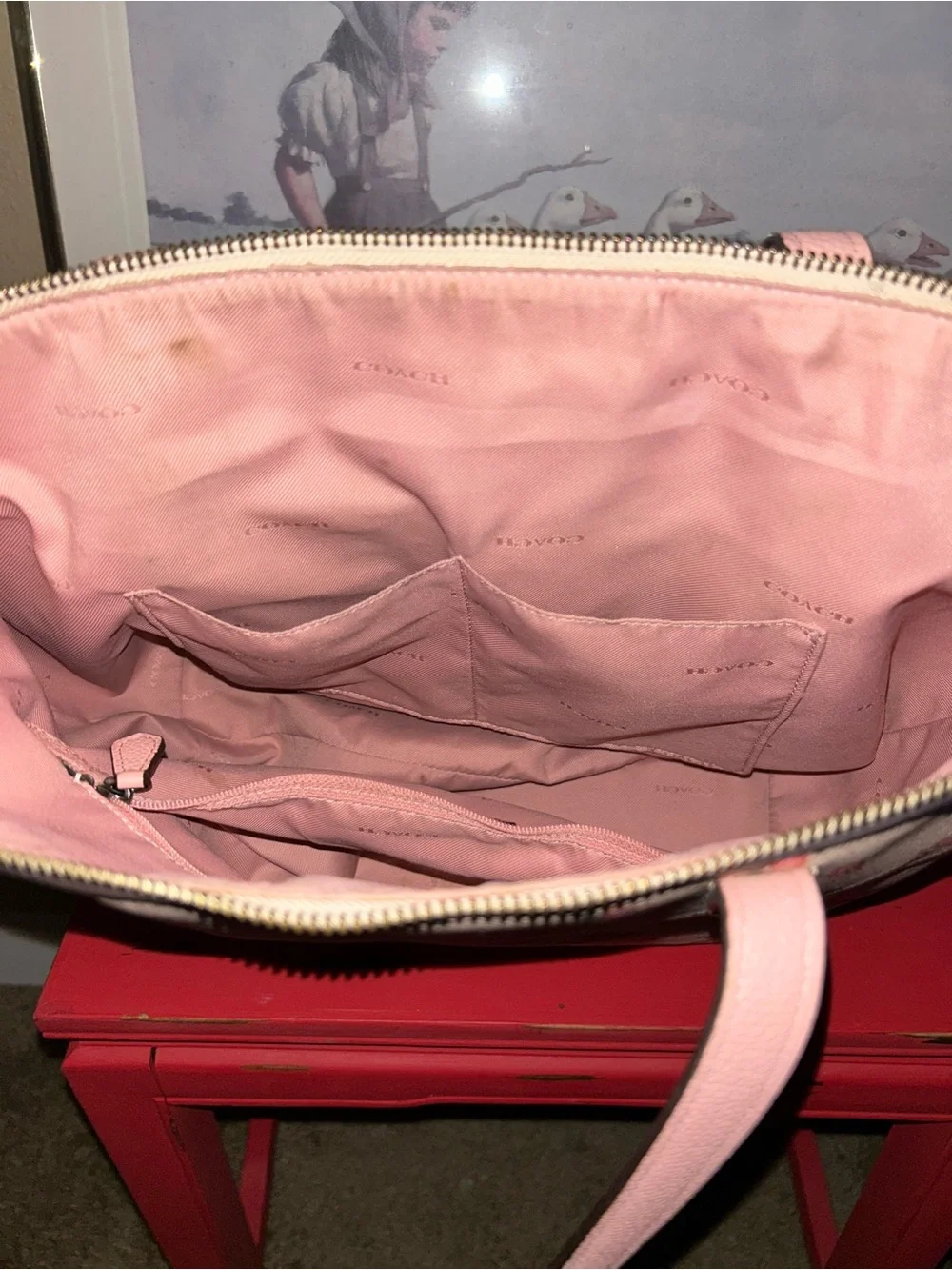 COACH Pink Floral Tote with Beige Trim